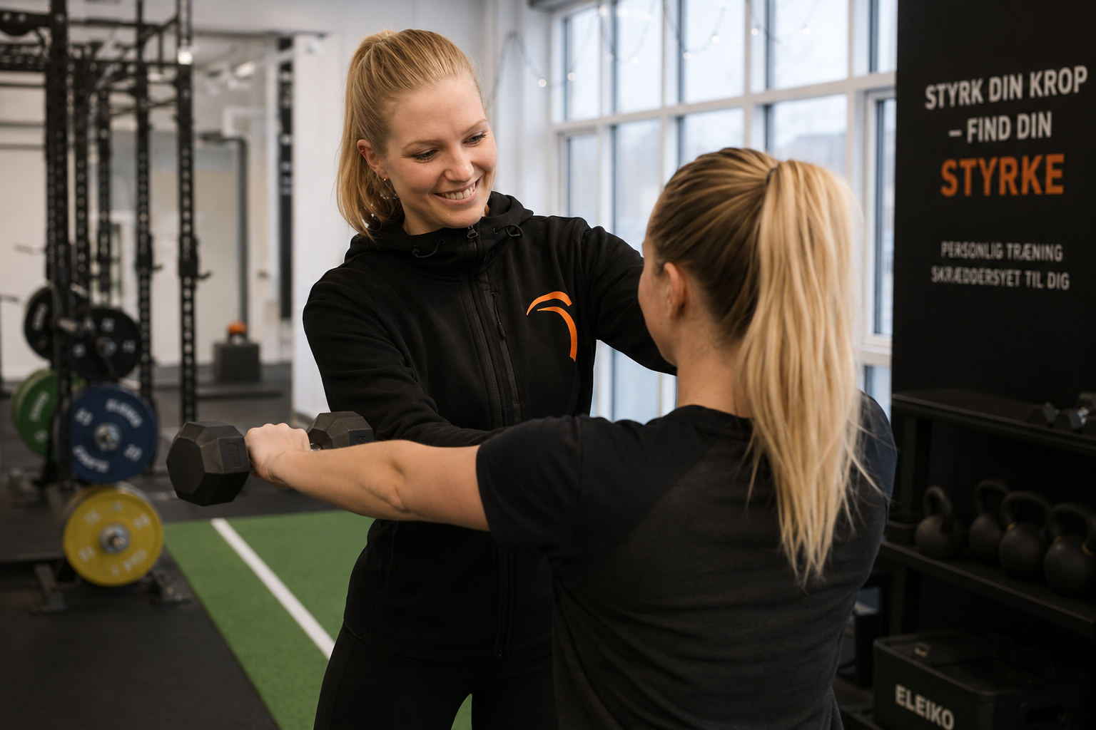 Anja Lambek — personlig træner Anja vejleder klient gennem en håndvægtøvelse i sit private ACTGYM-studie.